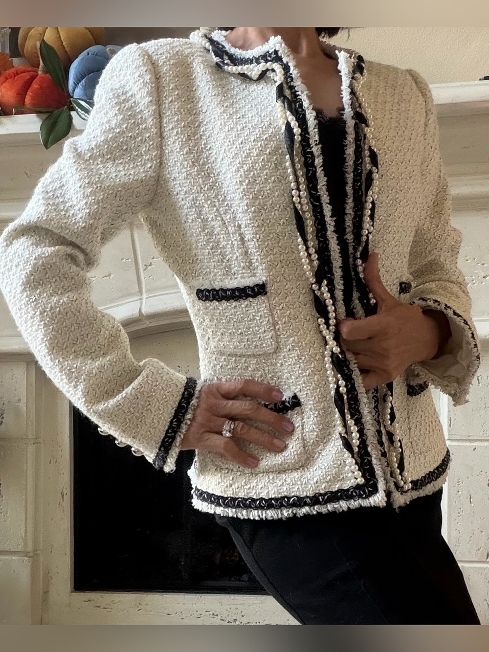Classic Ivory Tweed Bouclé Blazer by White House /Black Market